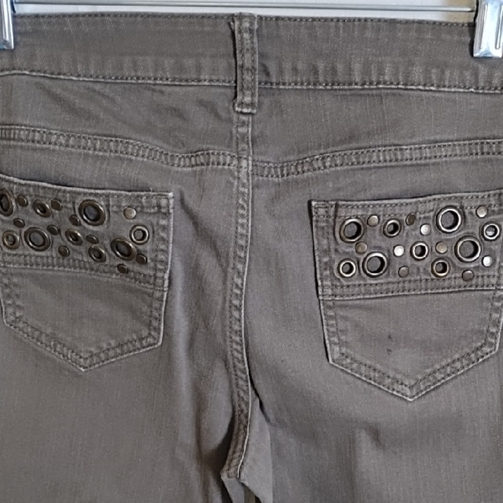 Olive Green Grey Stretch Skinny Jeans with Brass Back Pocket Detail